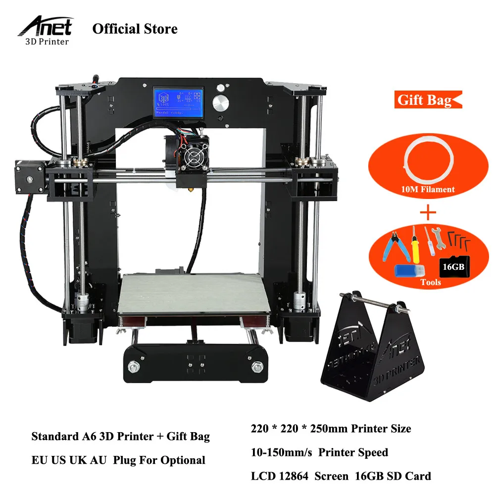 3д принтер Легко собрать Анет A6 Анет A8 3D-принтеры Наборы RepRap i3 комплект DIY Наборы 3D печатная машина с SD Card+ нити+ Инструменты 3d принтер - Цвет: standard a6 10M