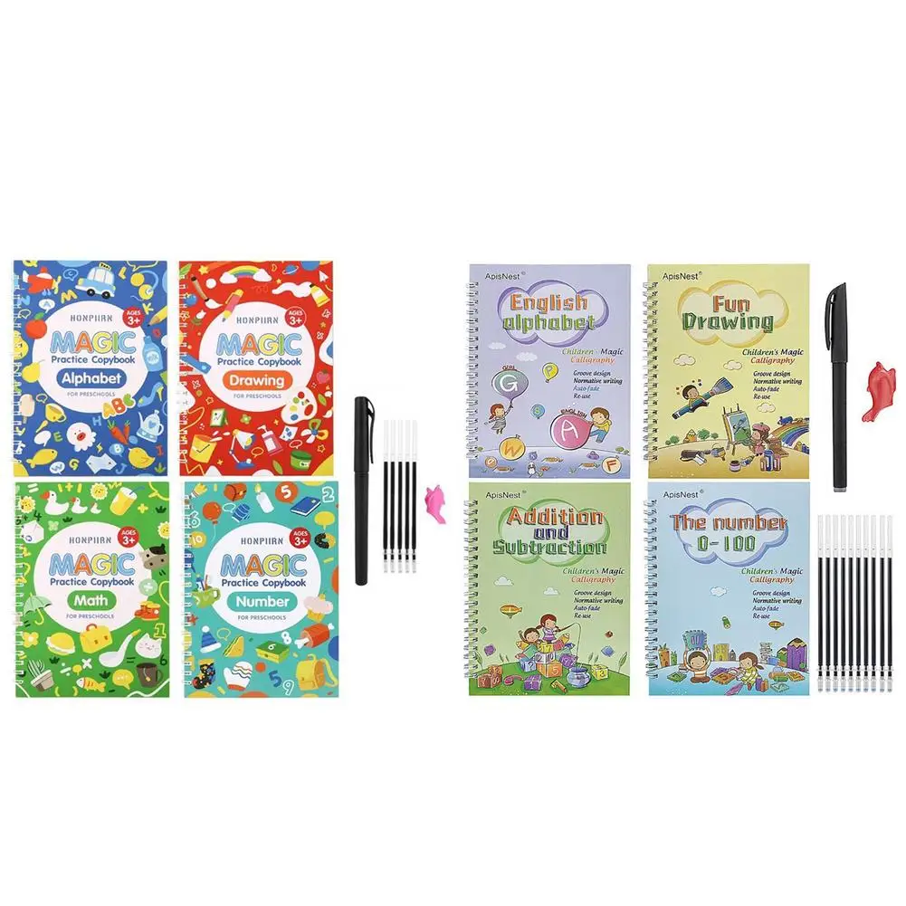 

4 Books + Pen Magic Practice Book Free Wiping Children's Toy Writing Lettering Sticker English Copybook Reusable Handwriting Set