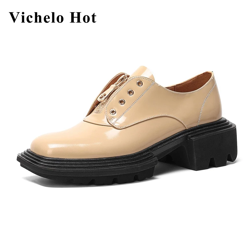 

Vichelo Hot spring recommend real leather round toe med heel England style handsome young lady streetwear cozy women pumps L08