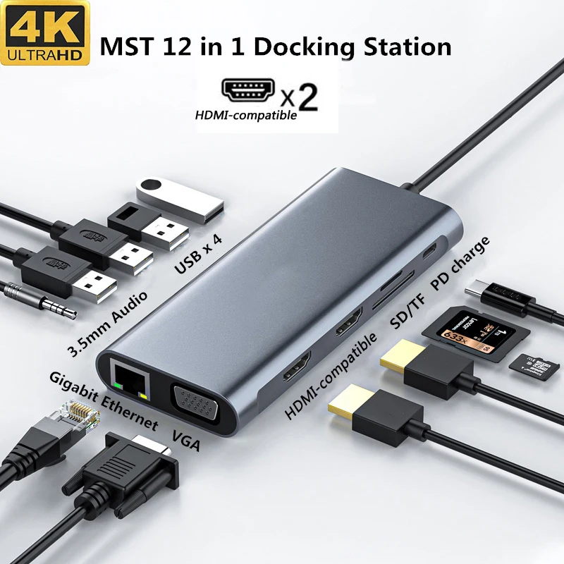 Док-станция USB-C/HDMI MST 4K VGA RJ45 подключение к LAN Ethernet разъемы для карт SD TF MacBook