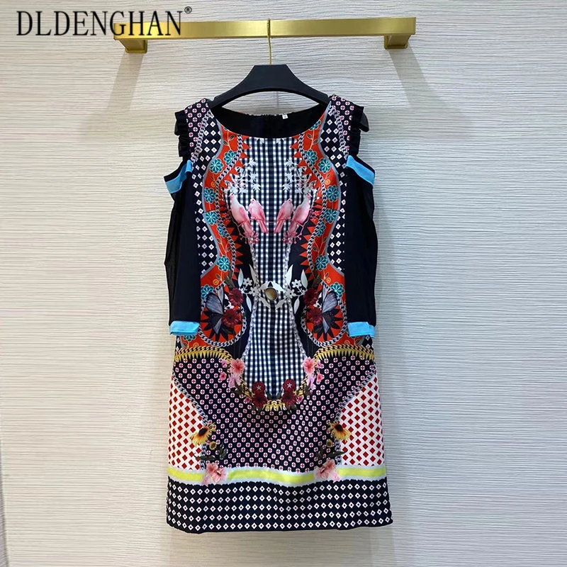 

Модное летнее платье DLDENGHAN с цветочным принтом, женские платья с круглым вырезом и открытыми плечами в стиле инди, новый дизайн