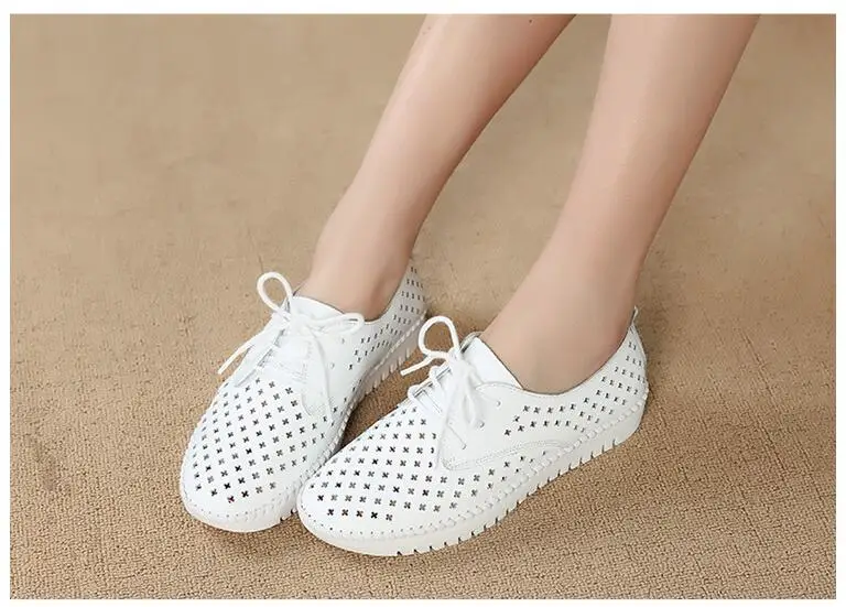 2021 summer new soft leather lace-up hollow breathable white shoes female flat-bottom casual pregnant women single shoes mother