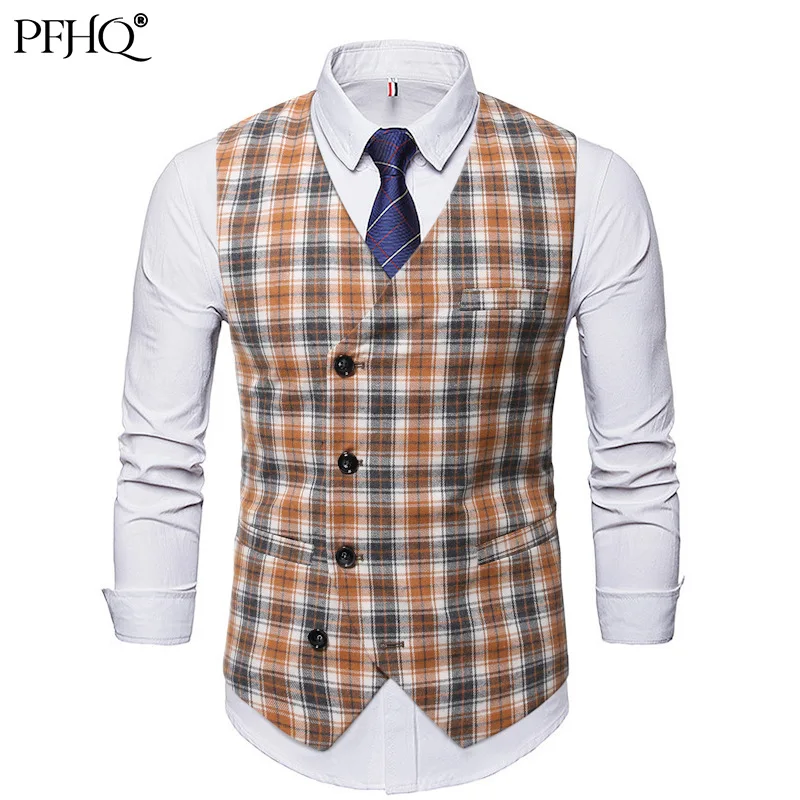 

PFHQ 2021 New Men's Fashion Korean Style Color Matching Plaid Single breasted Casual Slim Suit Vest Spring And Autumn 21D1795