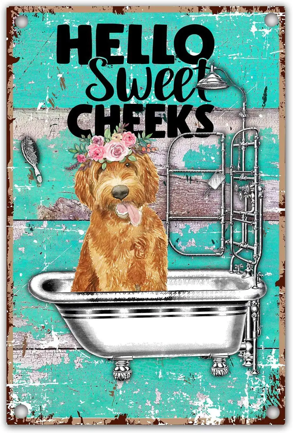 

Hello Sweet Cheeks Goldenpoodle Dog Funny Bathroom Quote Retro Farmhouse Metal Tin Sign for Dog Lover, Dog Owner, Friend Gift