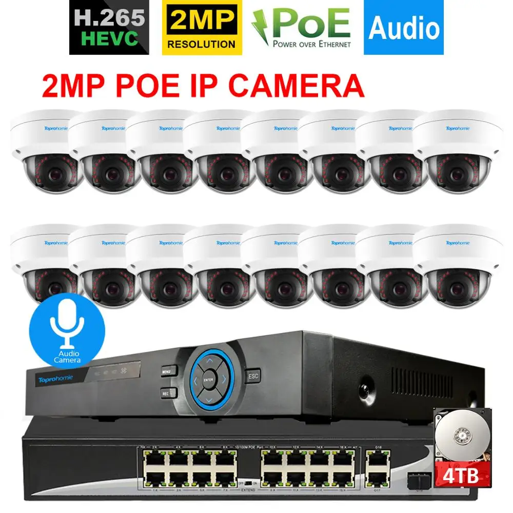 TOPROHOMIE H.265+ 16CH 4K 5MP POE NVR комплект 16X2 Мп аудио запись камера безопасности Система 48 в 1080P POE IP камера P2P HDMI CCTV NVR