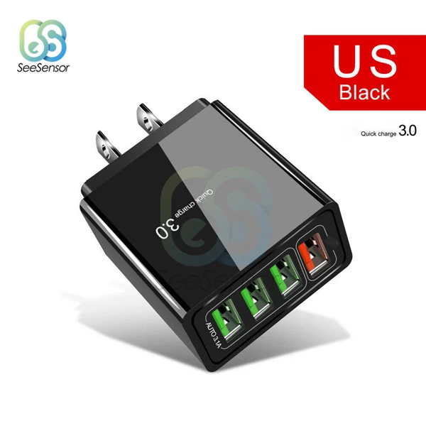 Black US Быстрая зарядка 3,0 QC 3,0 быстрое зарядное устройство 4 порта USB портативное зарядное устройство для мобильного телефона iPhone samsung Xiaomi huawei - Цвет: Black US