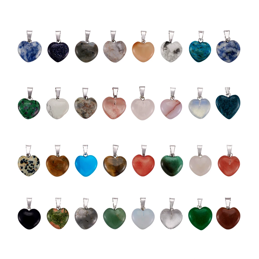50pcs Natural Stone Heart Pendants with Tone Brass Findings 17~19x15~16x5~6mm Hole: 2x7mm