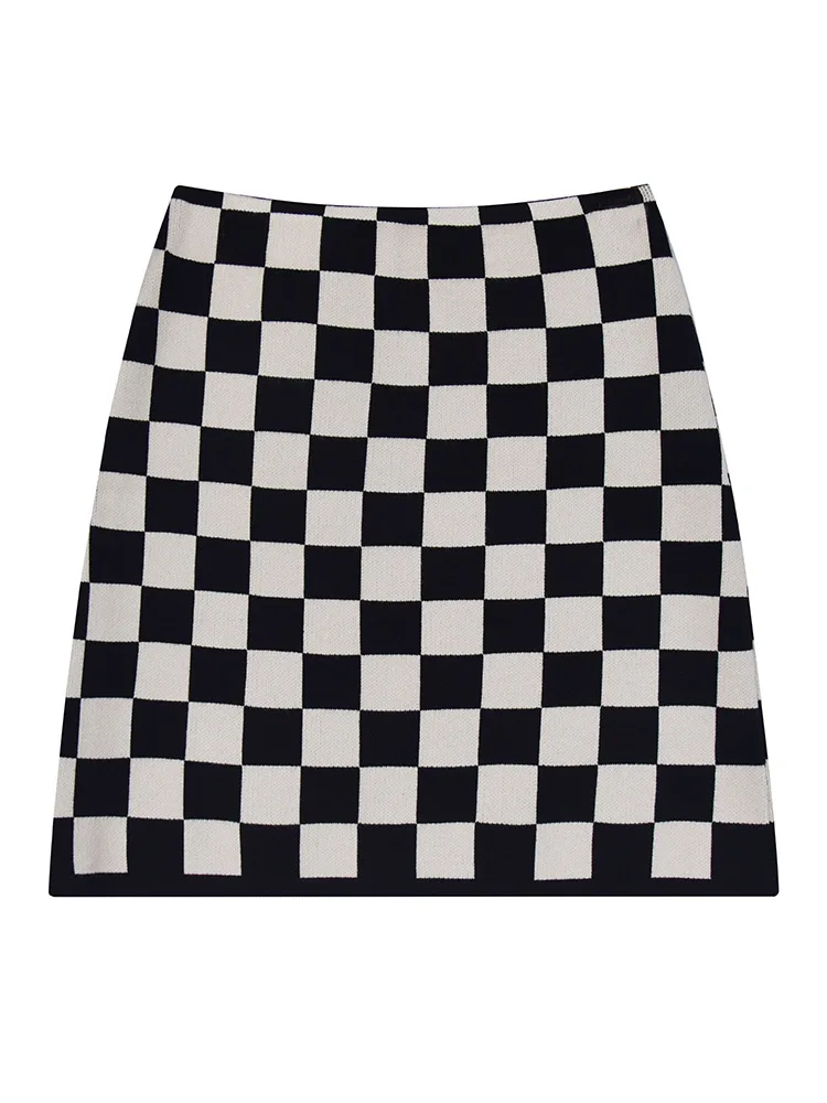 Женская трикотажная клетчатая юбка тонкая трапециевидная в стиле ретро с