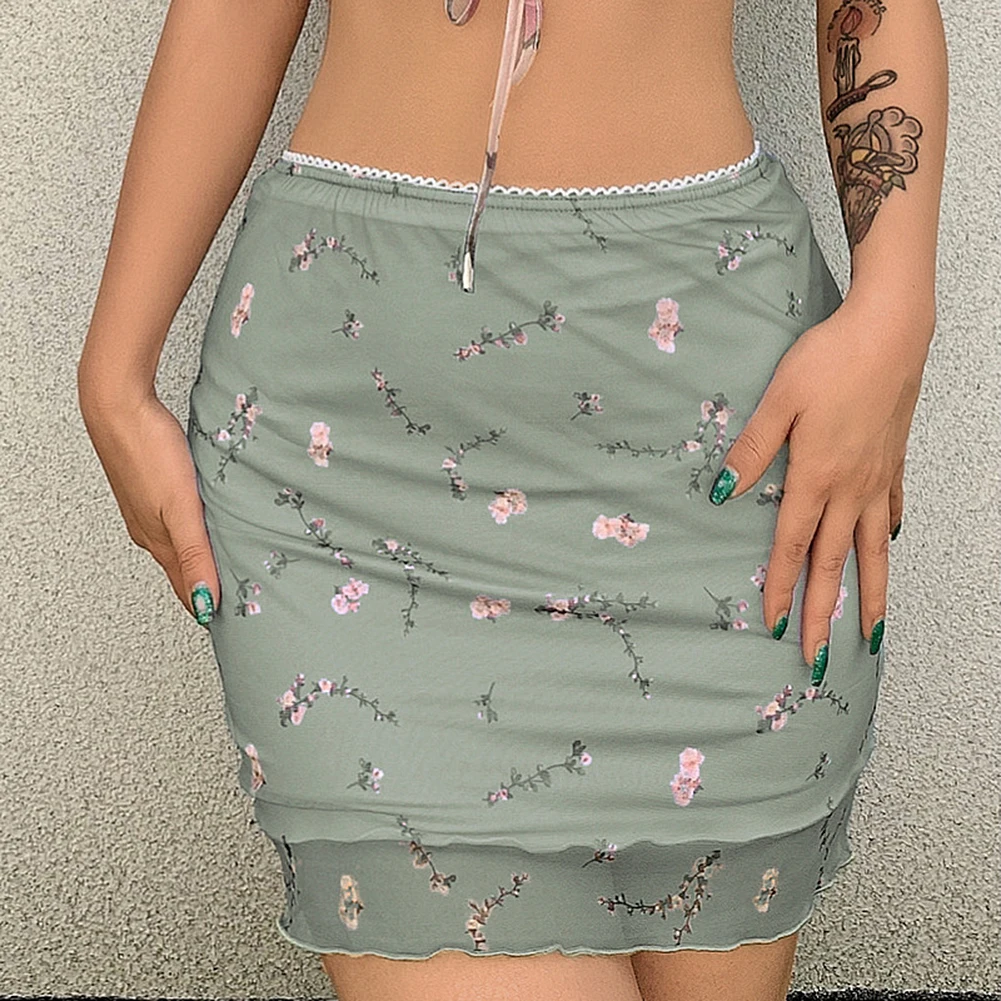 

Wrap Arm Skirt High Waist Small Floral Slim Net Yarn Short Mini Skirts Women Harajuku Korean Vintage Straight Bag Hip Skirt