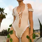 MyErato белый сексуальный облегающий с коротким рукавом кружевной женский цельный с оборками сбоку с открытыми плечами спереди пляжная одежда боди Топ