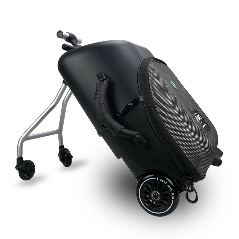 

New design lazy baby sit on scooter luggage kids carry on travel suitcase bag boarding skateboard creative trolley case