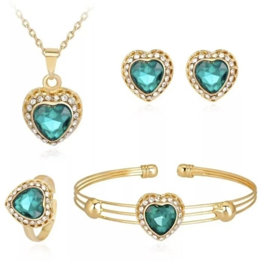 

Luxury Crystal Heart Wedding Jewelry Set Necklace Earrings Rings Bracelet For Bridal Women