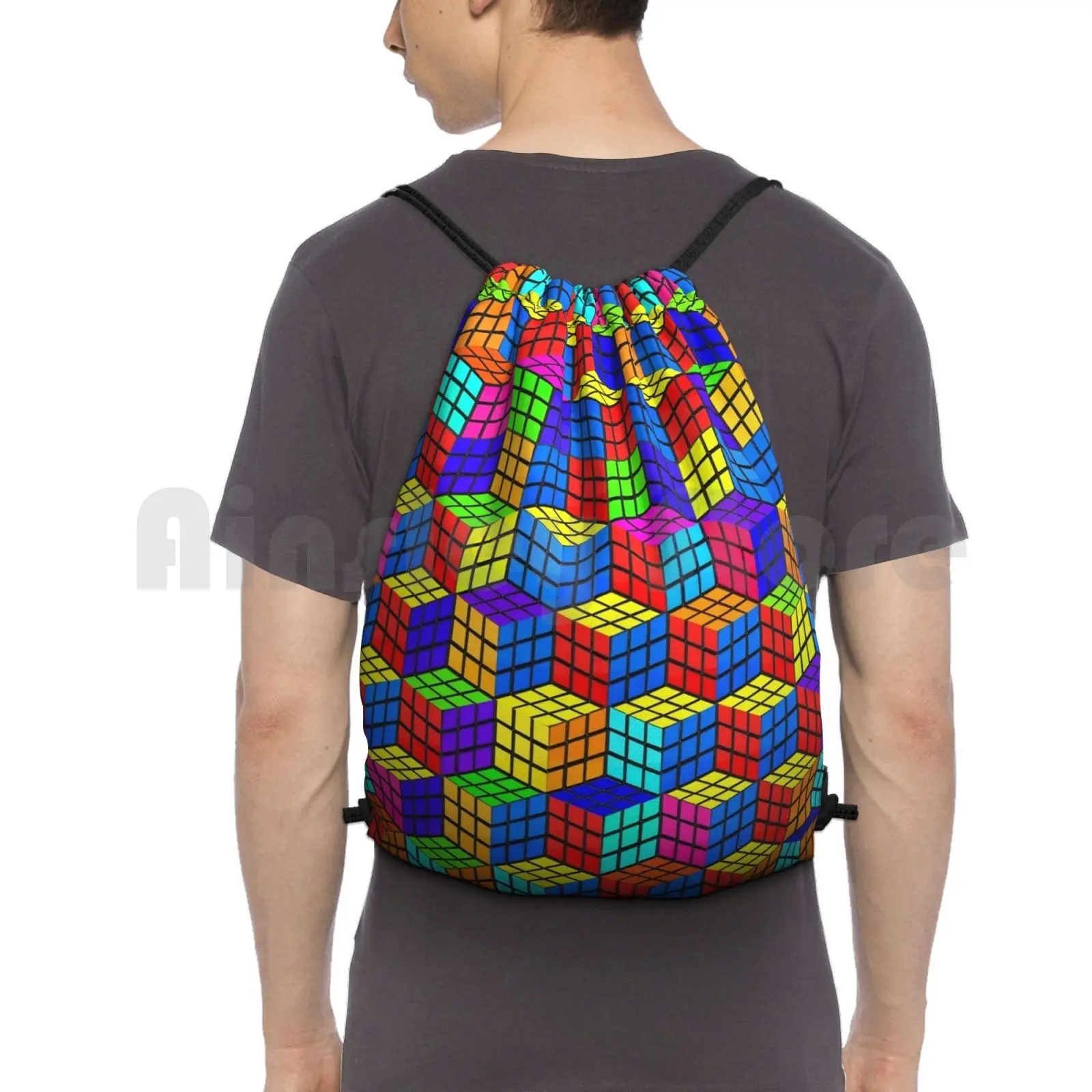 

Illusion Backpack Drawstring Bags Gym Bag Waterproof 80S Retro Escher Illusion Mind Trick Bright Vintage Unusual Bold Mc