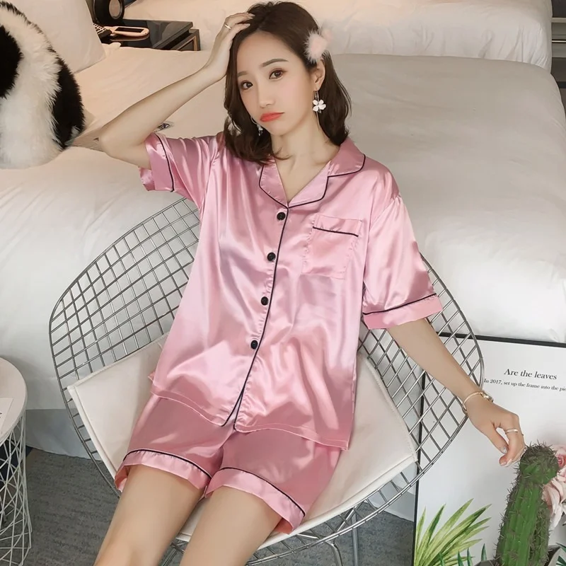 Two Piece Set Summer Pure Color Silk Shorts Girls Pajamas and Home Service Suits Plus Fertilizer Pijamas Women