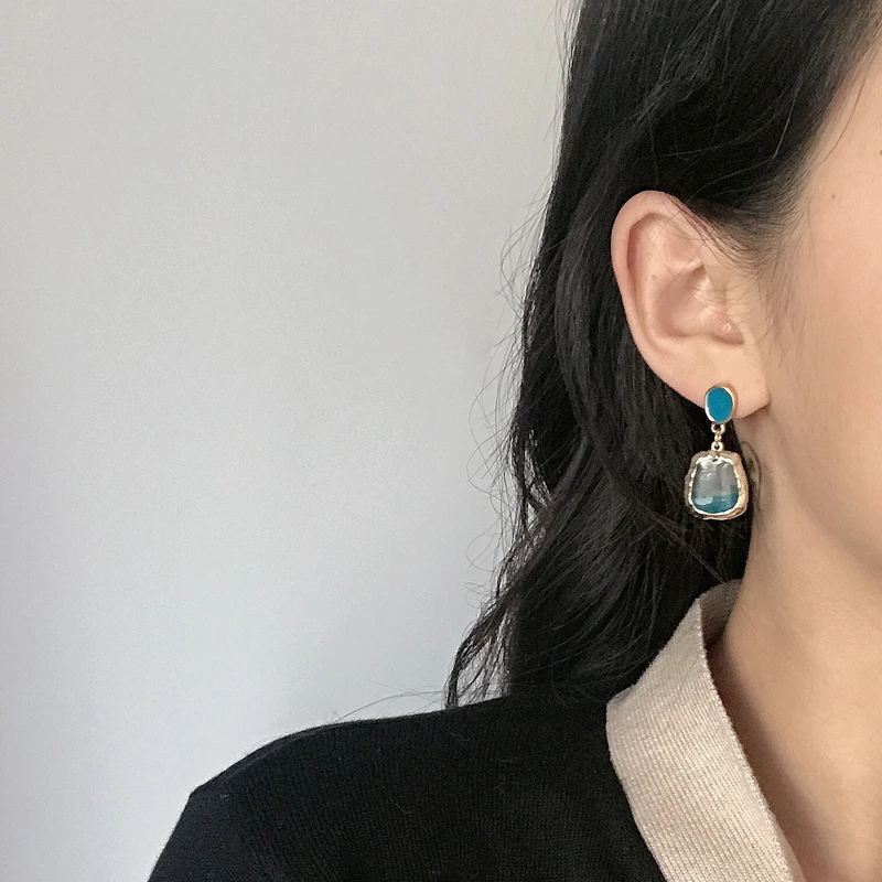 Korean temperament Small Gold Color Frame Gradient Blue Resin Transparent Square Clip on Earrings Non Pierced Ears For Women | Украшения и