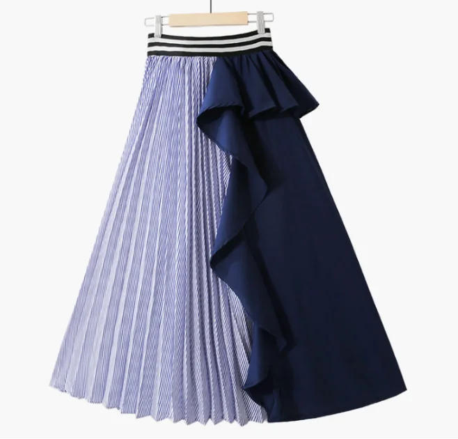 2022 New Summer Fashion Women Clothes Thin Striped Elastic Ruffles Contrast Colors A-line Halfbody Skirt