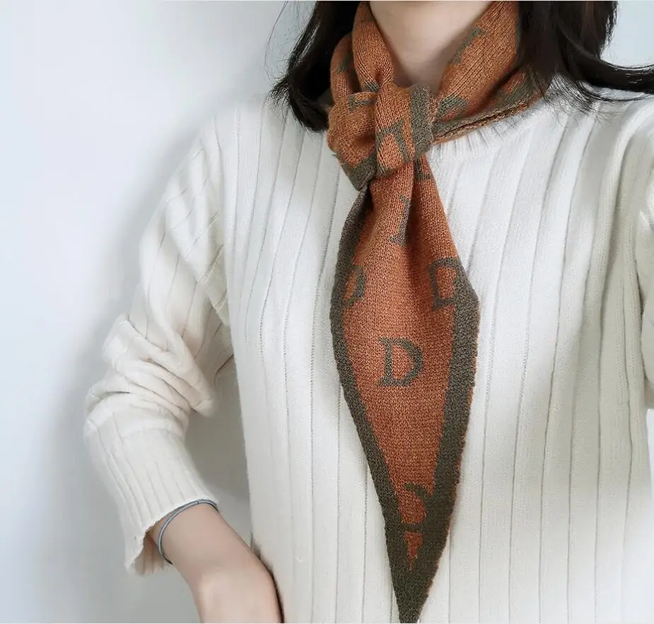 

Luxury Winter Scarf Women Letters Knitted Triangular Scarves Wraps Sharp Angle Shawls Warm Long Narrow Small Skinny Neckerchief