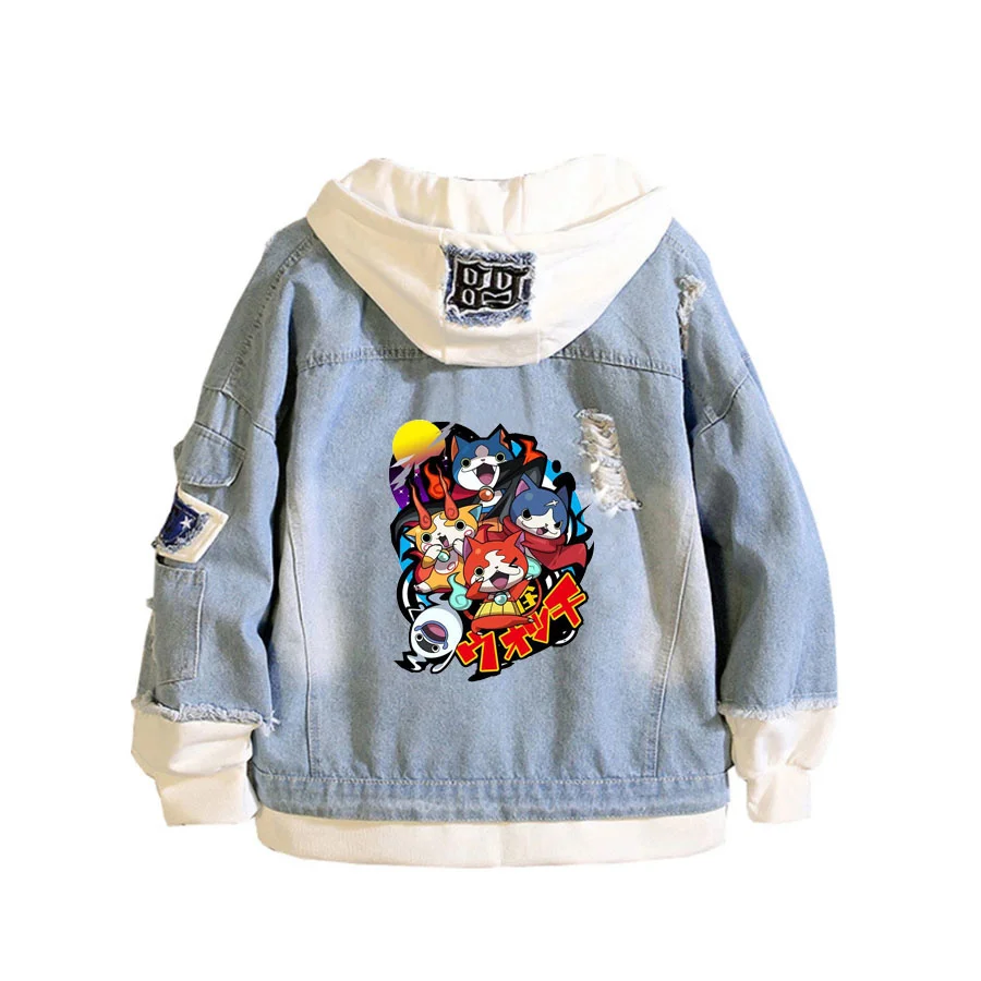 Anime Yo-kai Watch Coat Teens cowboy Jacket Men Women Casual Denim Hooded Loose coat Hooded Frayed Ripped Hole Jean Jacket