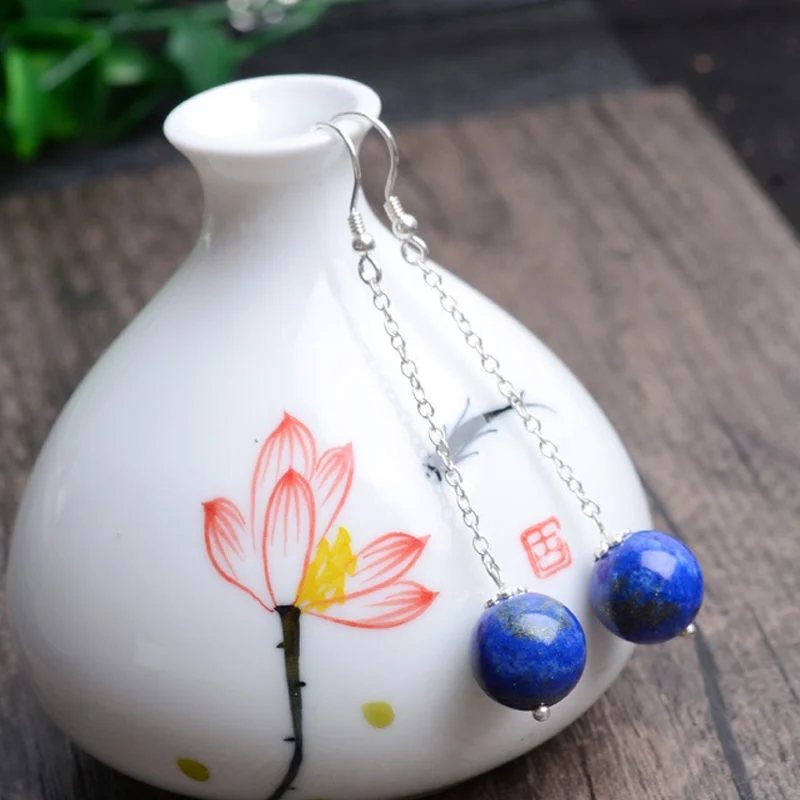 925 Silver Natural Lapis Lazuli 8-10mm Beads Earrings Original Simple Jade Pulp Bead Handmade Gift Women Fine Stone Jewelry New | Украшения