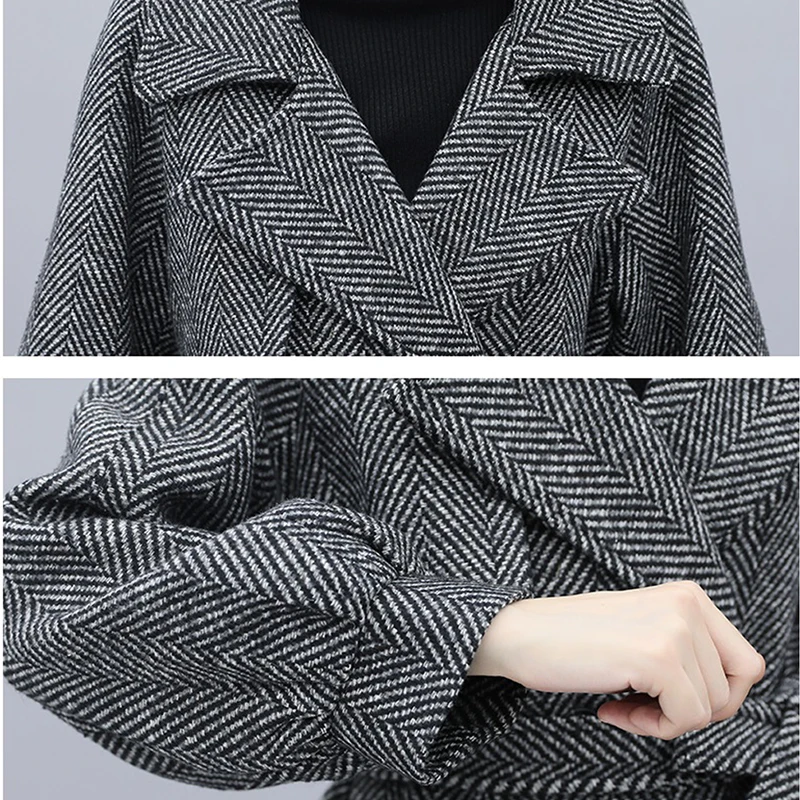 

2020 Fashion Vintage Plaid Woolen Coat Women Slim Turn-Down Collar Jacket Ladies Korean Autumn Winter Warm Wool Outerwear Z772