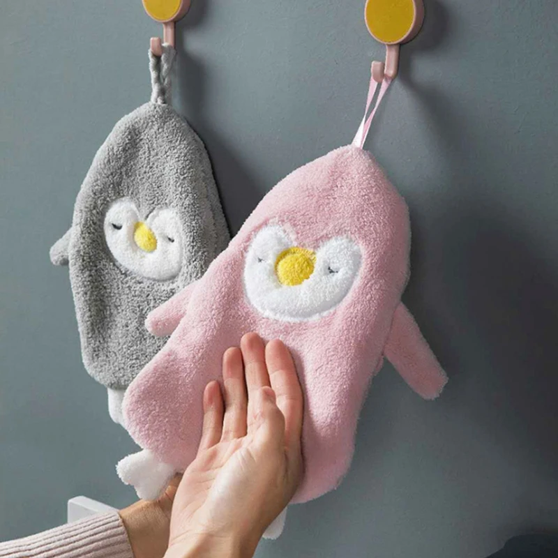 

4PCS Cartoon Hanging Hand Towel Soft Coral Kitchen Towel Cute Penguin Kids Bathing Towel Quick Dry Towels
