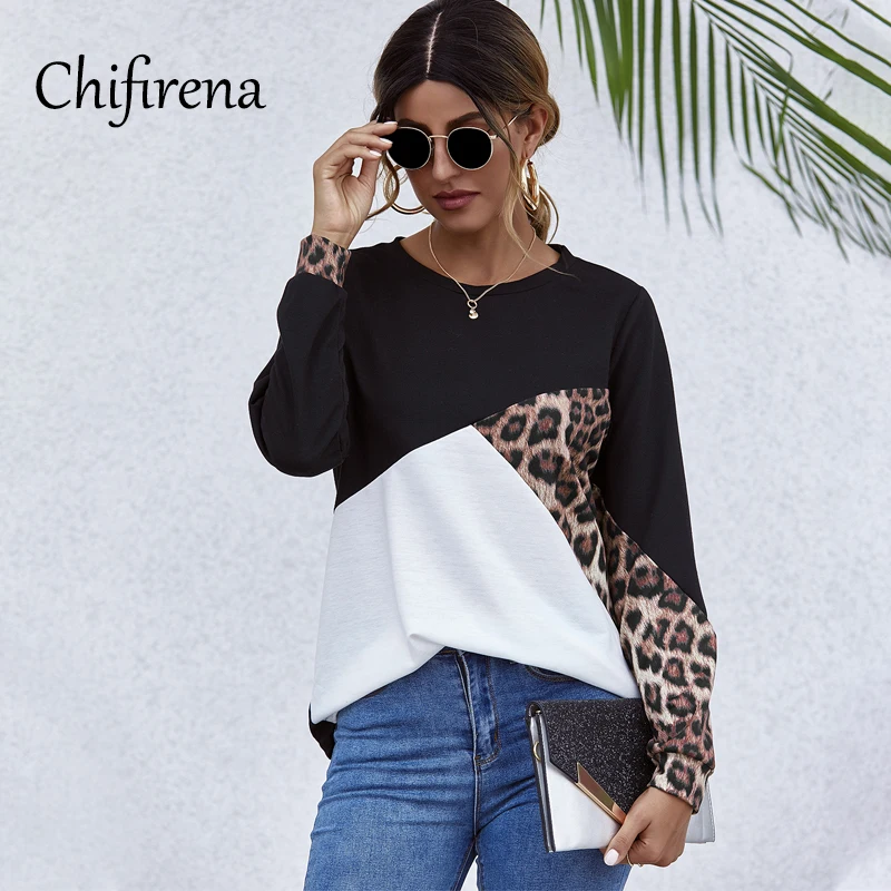 

Chifirena Autumn Patchwork Women T Shirt 2020 O Neck Long Sleeve Top Casual Pullover Tees Female Slim T-shirts Female