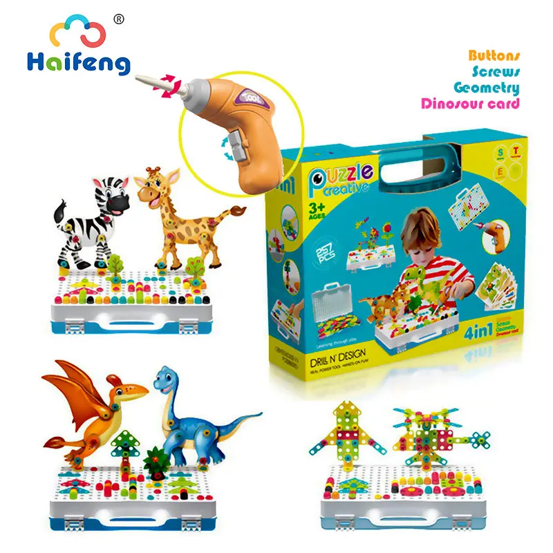 

Haifeng Kids Toys Drilling Screw Nut 3D Creative Mosaic Puzzle For Children Building Bricks DIY Electric Drill Set Boy Girl Toy