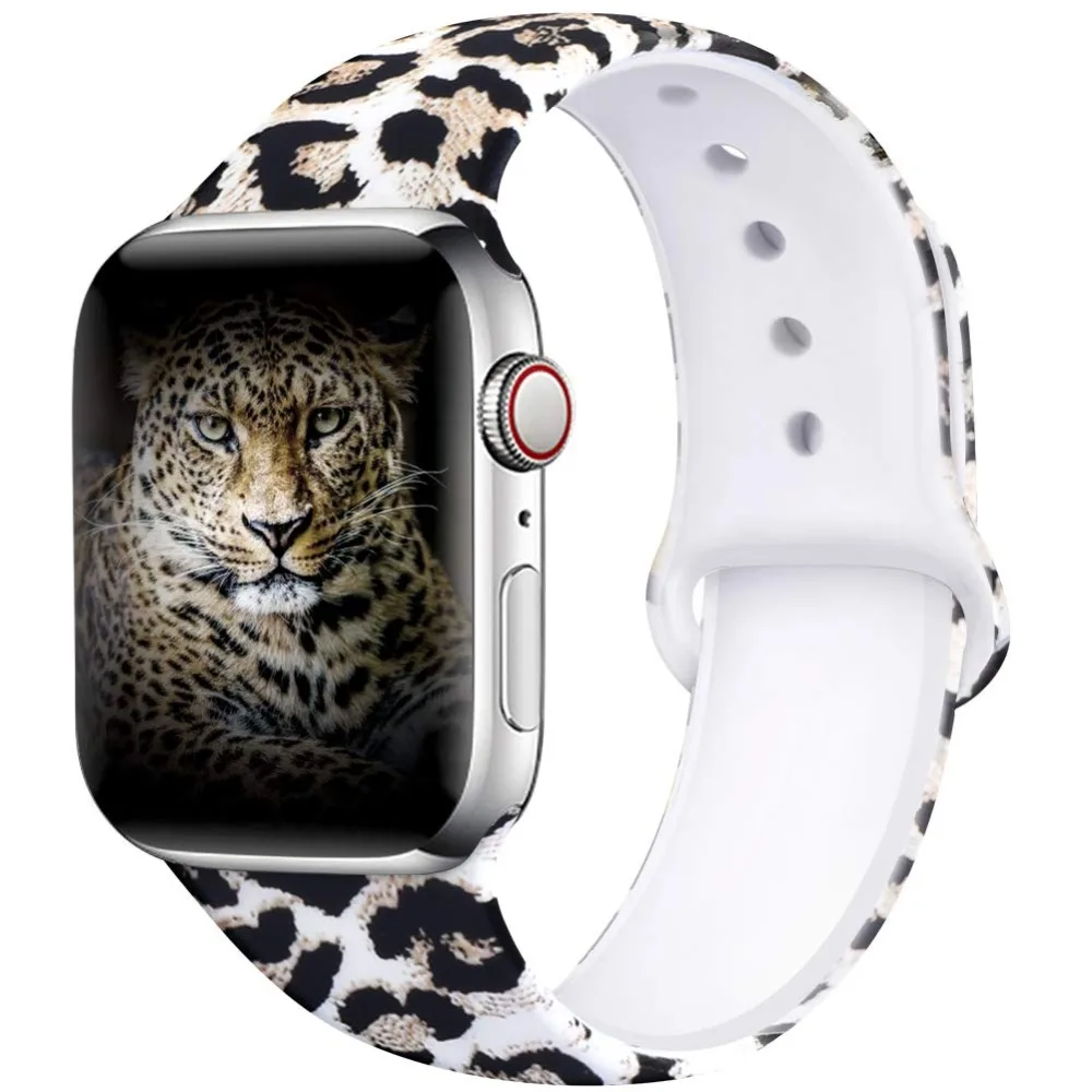 Ленты с цветами для Apple Watch 38 мм 40 мм 42 мм 44 мм, леопардовые силиконовые Печатные Сменные браслеты для iWatch серии 5 4 3 2