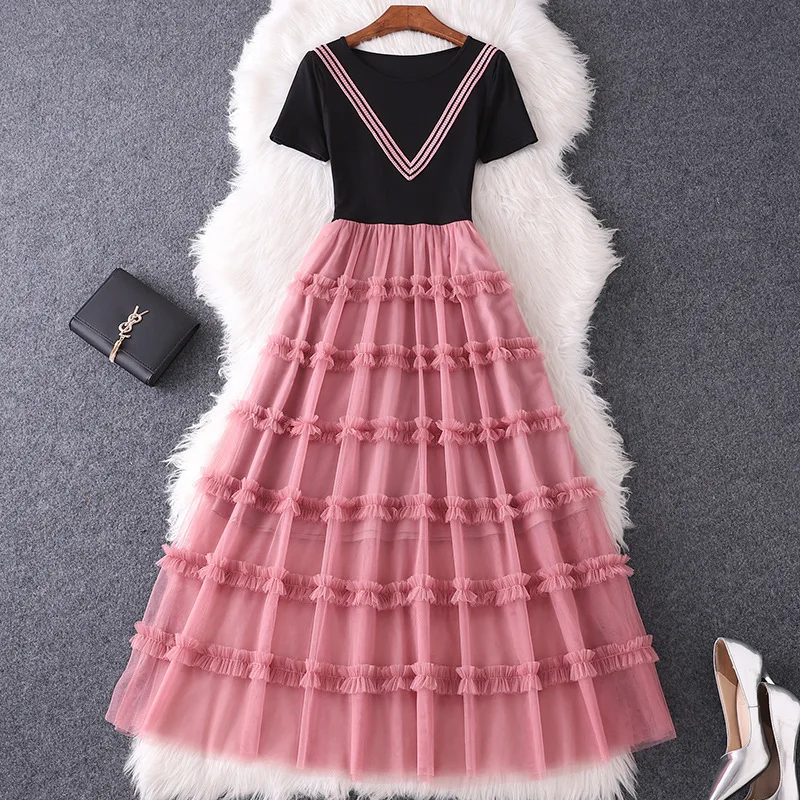 

Женское Плиссированное Платье, Сетчатое платье с коротким рукавом, с контрастной строчкой, для весны и лета, 2020