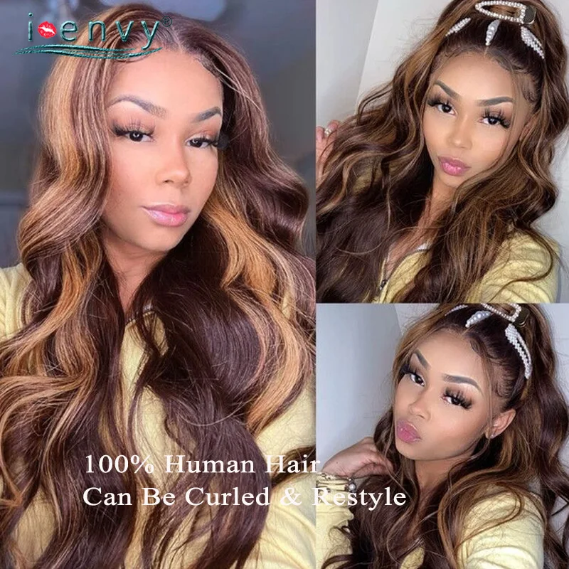 

Ginger Brown Highlight Human Hair Lace Frontal Wigs For Women Peruvian Straight Lace Front 4/30 Highlights Human Hair Wigs Remy