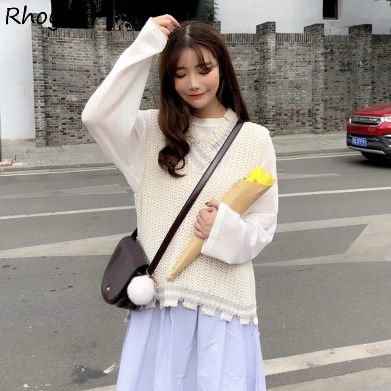 

Sweater Vests Women Simple Trendy Streetwear Knitting V-neck All-match Casual Jumpers Autumn Loose Sleeveless BF Style Frayed