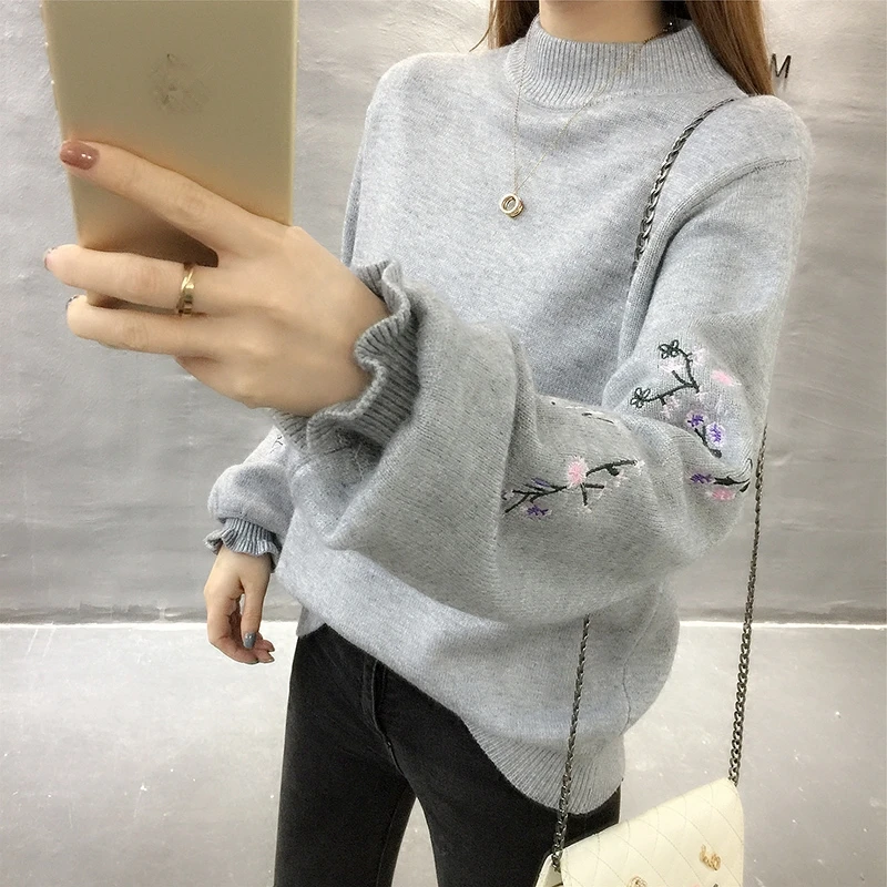

Turtleneck Embroidery Pullover Knitted Women Big size Puff Sleeve Warm Knitwear Tops Autumn Harajuku Knit Sweater Female