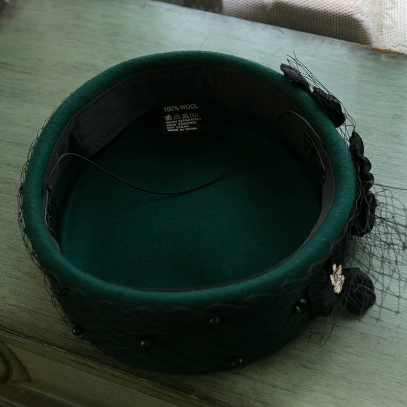 

202105-anran-332 Formal Mesh Flower Green Wool Grace Lady Beret Hat Women Dinner Hat