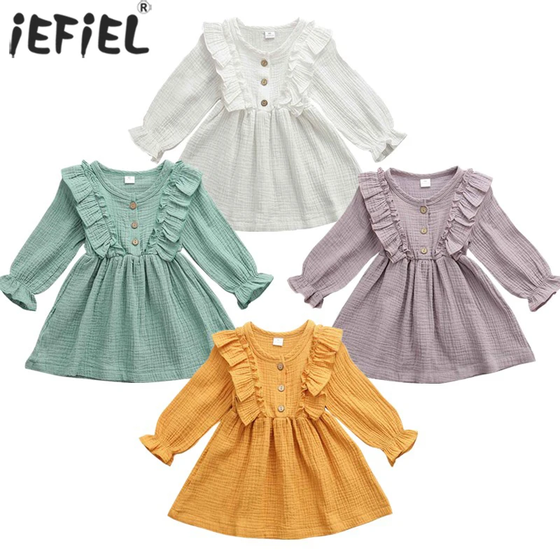

0-4Y Toddler Kid Baby Girl Cotton Linen Party Casual Dress Long Sleeve Ruffles Dress Clothes Solid Sundress Baby Spring Clothing