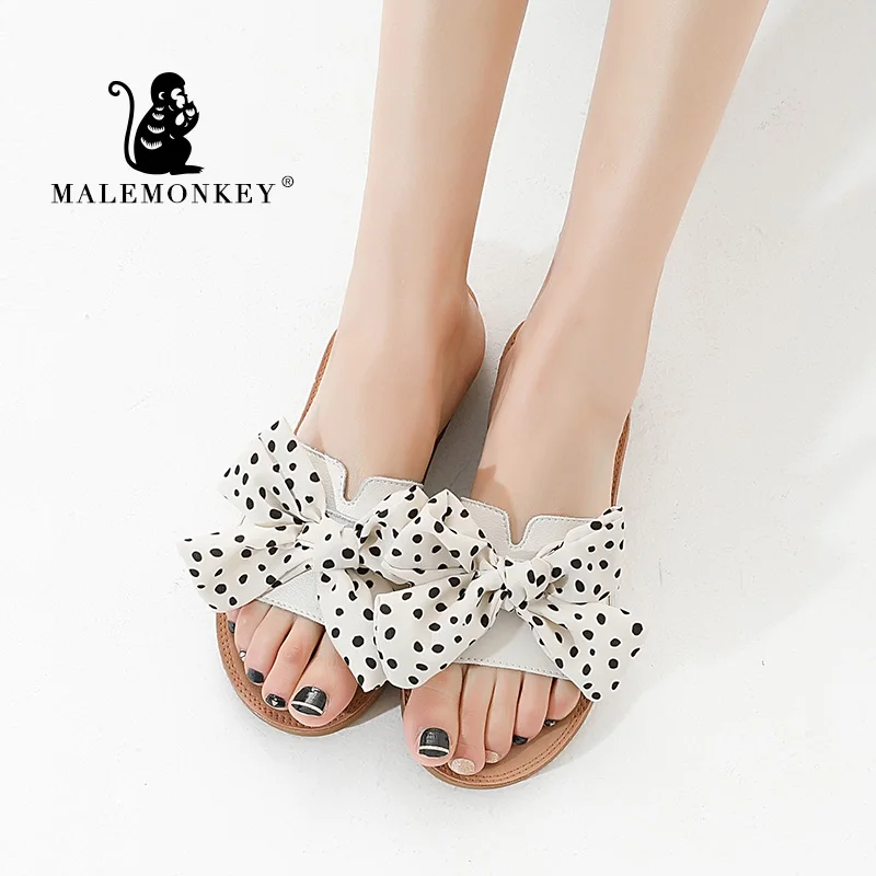 Тапочки женские шлепанцы Летние кожаные сандалии с бантом домашние тапочки