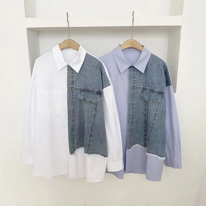 

2021 Spring Fall New Korean Artistic Style Women Top Simple Fashion Denim Stitching Loose Lapels Shirt Plus Size Buttoned Blouse