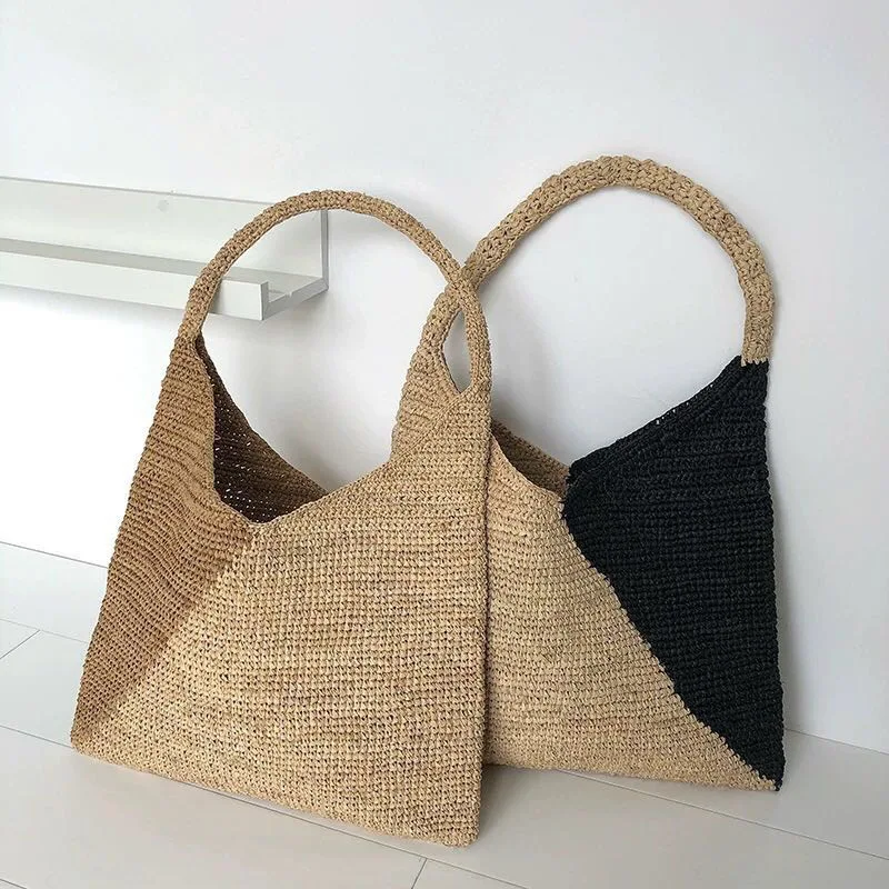 Casual Large Capacity Tote Raffia Bags Hand-Woven Straw Bag Patchwork Women Shoulder Bags Summer Beach Handbags Big Purses 2021