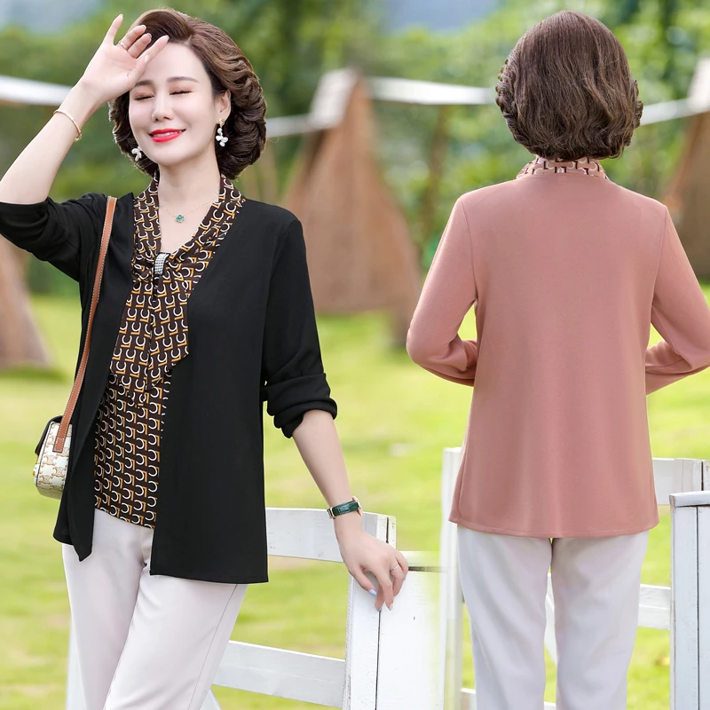

Spring Autumn Fake Two Piece Top Women Fashion Bow tie Pullover T-Shirts Female Middle-Aged Mother Loose Clothing