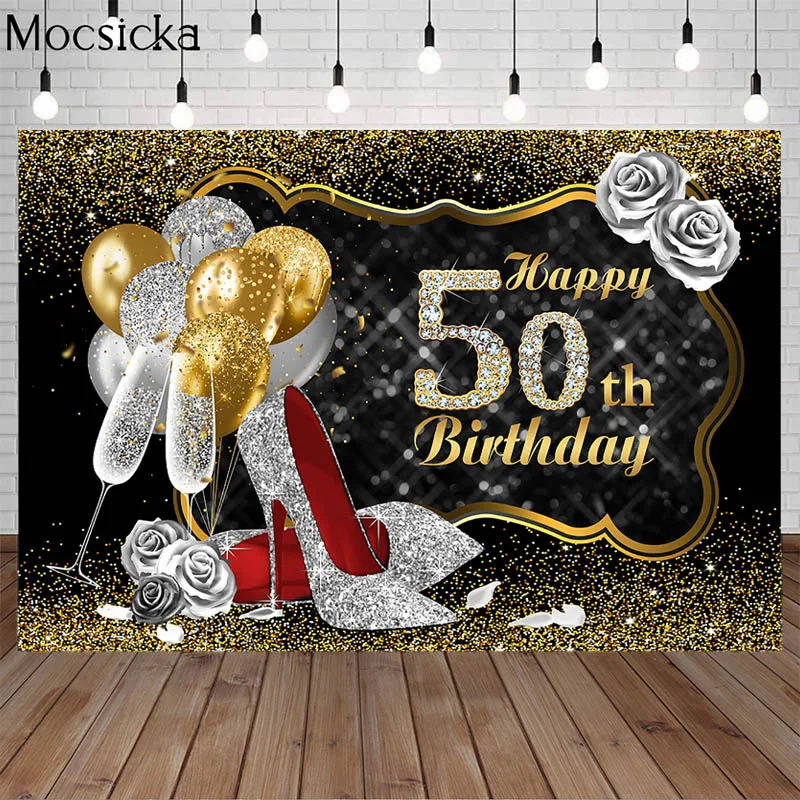 

Фотофон Mocsicka с днем рождения, черный, золотой, блестящий, серебряный, высокий каблук, шампанское, Дамский день рождения
