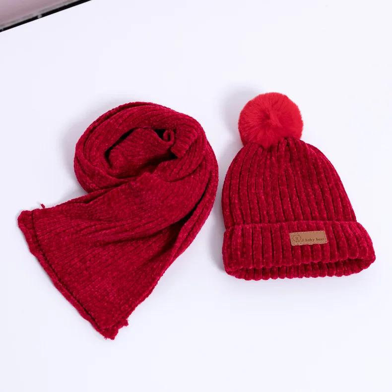 Red 2Pcs 2 шт./3 шт./компл., детские наборы шарф Шапка Зимняя Теплая Бархатная шапка шарф перчатки для маленьких мальчиков и девочек, костюмы хлопковая шерсть Младенческая шапочка, шапки - Цвет: Red 2Pcs
