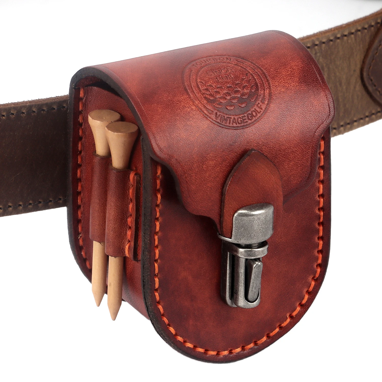 Tourbon Vintage Mini Portable Golf Balls Bag Tee Holder 2 Balls Divot Tool Marker Holder Genuine Leather Waist Belt Golf Pouch
