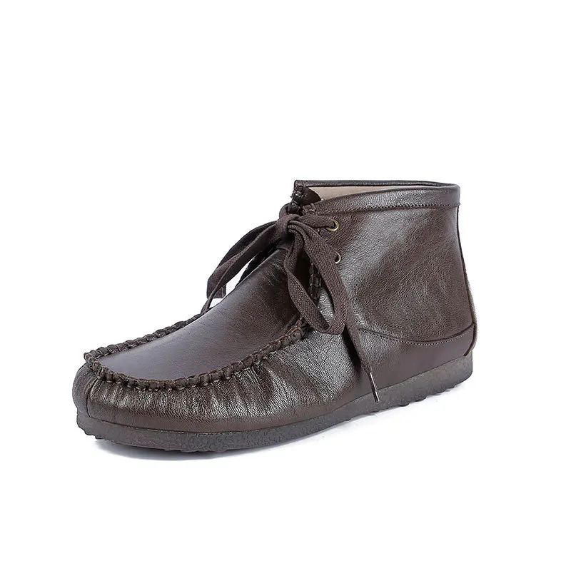 

leather short boots Women's sheepskin new round toe soft sole hand-stitched shoes top layer leather shoes fashion shoes