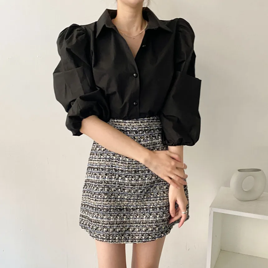 

Turn Down Collar Puff Long Sleeve Single Breast Blouse Women Work Style Ol Simple Blusas Spring 2021 New Shirt Feminino