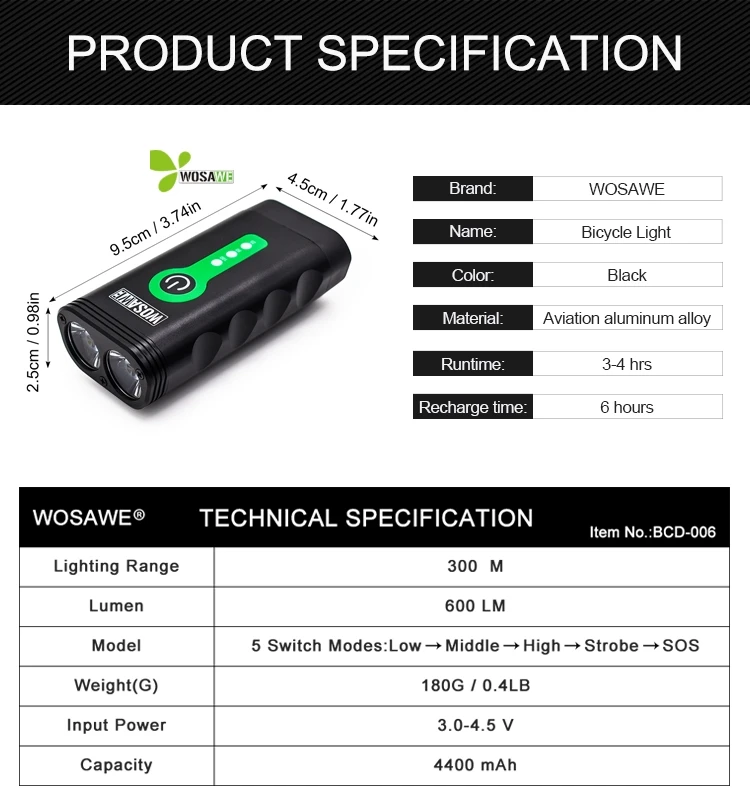 WOSAWE, встроенный аккумулятор, 5 режимов, велосипедные фары, зарядка от USB, 2400 люмен, руль, передняя фара, светодиодный фонарик для велосипеда