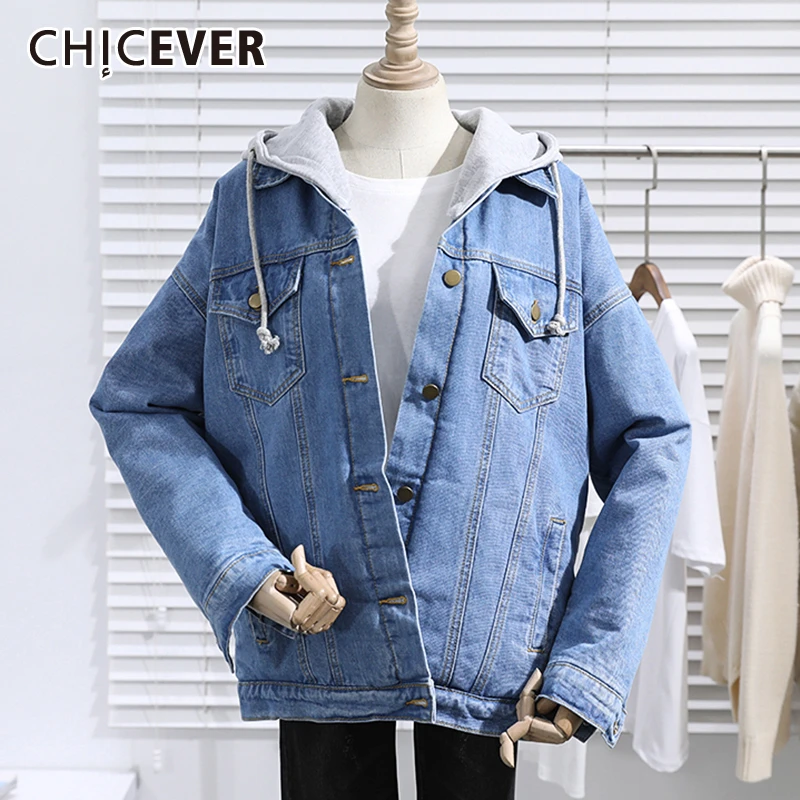 

CHICEVER Chic Style Denim Jacket For Women Lapel Collar Long Sleeves Detachable Hat Plus Velvet Coats Female 2020 Autumn New