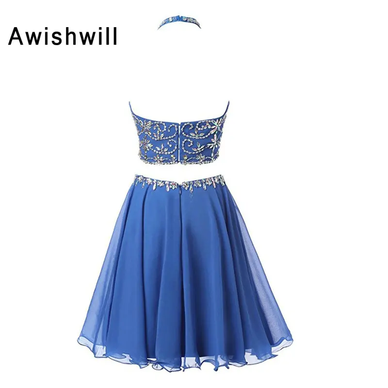 Модные синие шифоновые платья для Бала выпускников из двух частей майка обшитая