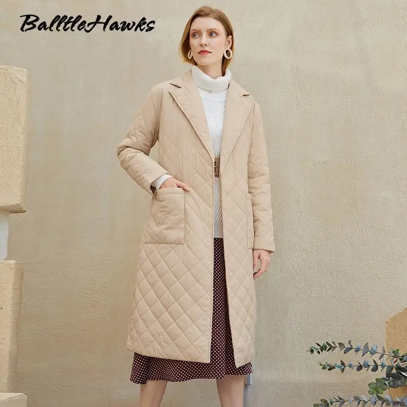 

Женское длинное прямое зимнее пальто с ромбовидным узором, повседневные женские парки с поясом и глубокими карманами, стильная верхняя одежда с воротником-стойкой