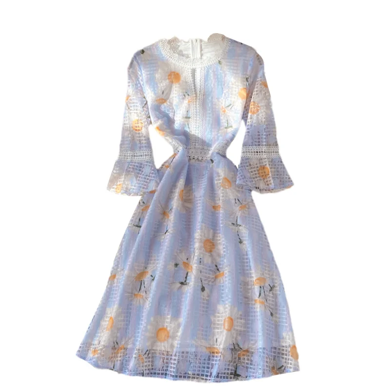 

2021 Summer New Girls Light Mature Mid Dress Women Waist Trumpet Sleeve Ladies Light Violet Long Sleeve Lace Dress