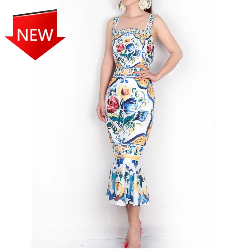 

И белое Повседневное платье-футляр с фарфоровым принтом, платье до середины икры с квадратным вырезом, Новое поступление, платье на бретеля...