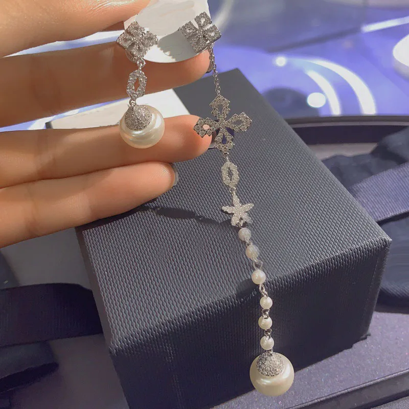 

UMGODLY Silver Color White Pearl Earrings Paved Cubic Zirconia Sliding Flower Asymmetry Earring Women Jewelry September New